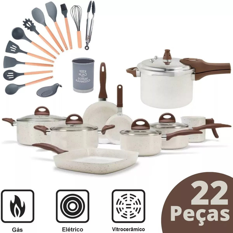 22 Panelas Antiaderentes Ceramic Premium  Vanilla + Kit Utensílios em Silicone - Apenas para Hoje, Celebre Conosco o Aniversário da Loja!